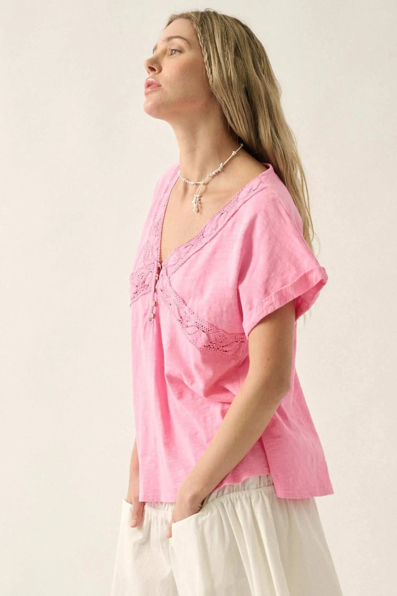 Rise and Shine Lace-Trimmed Slub Cotton Henley Tee