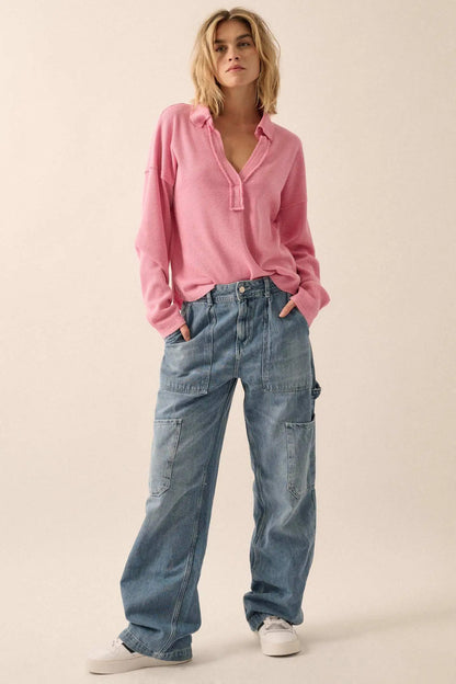 No Problemo Collared V-Neck Waffle-Knit Top