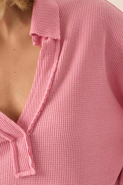 No Problemo Collared V-Neck Waffle-Knit Top