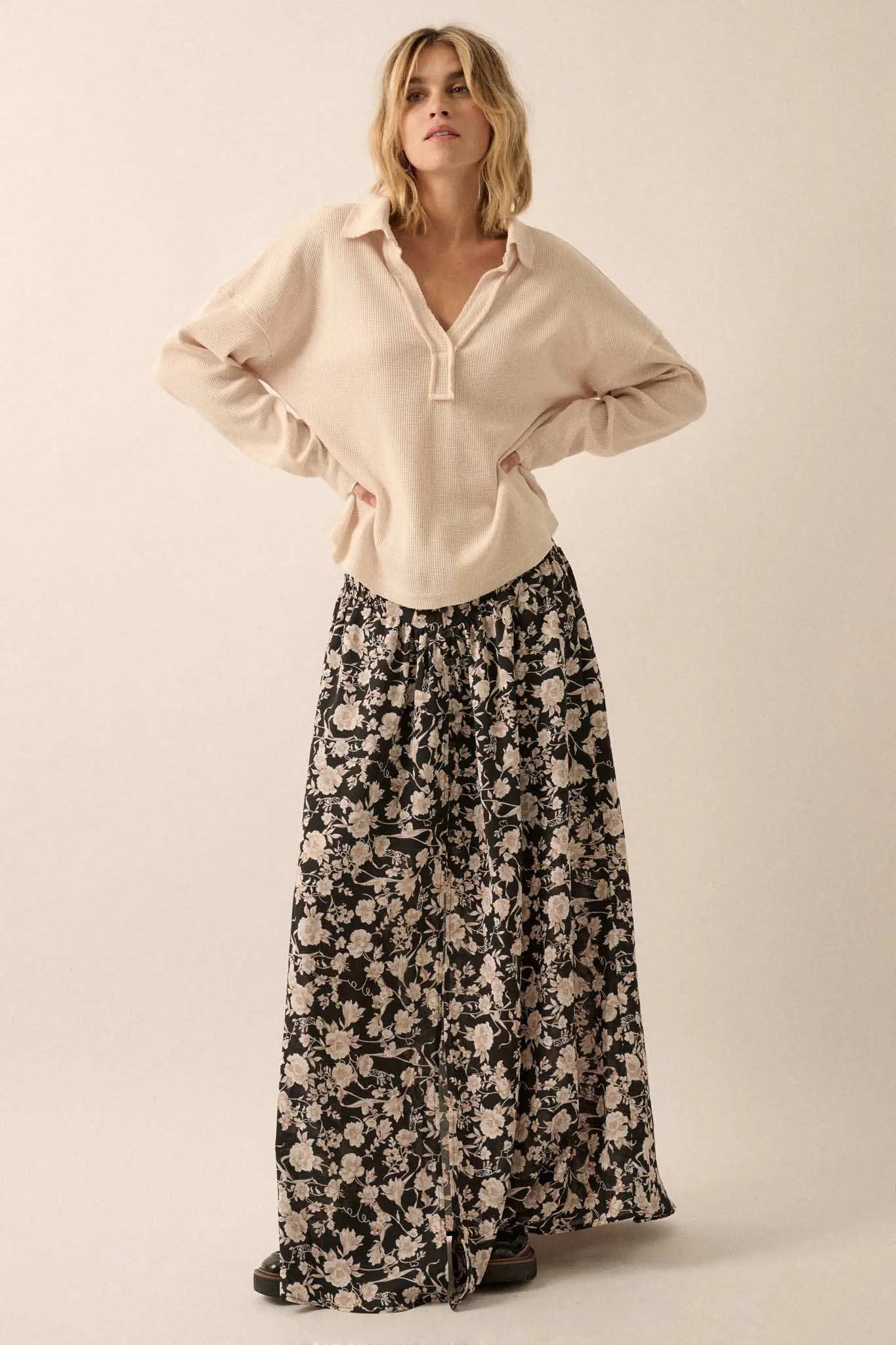 No Problemo Collared V-Neck Waffle-Knit Top