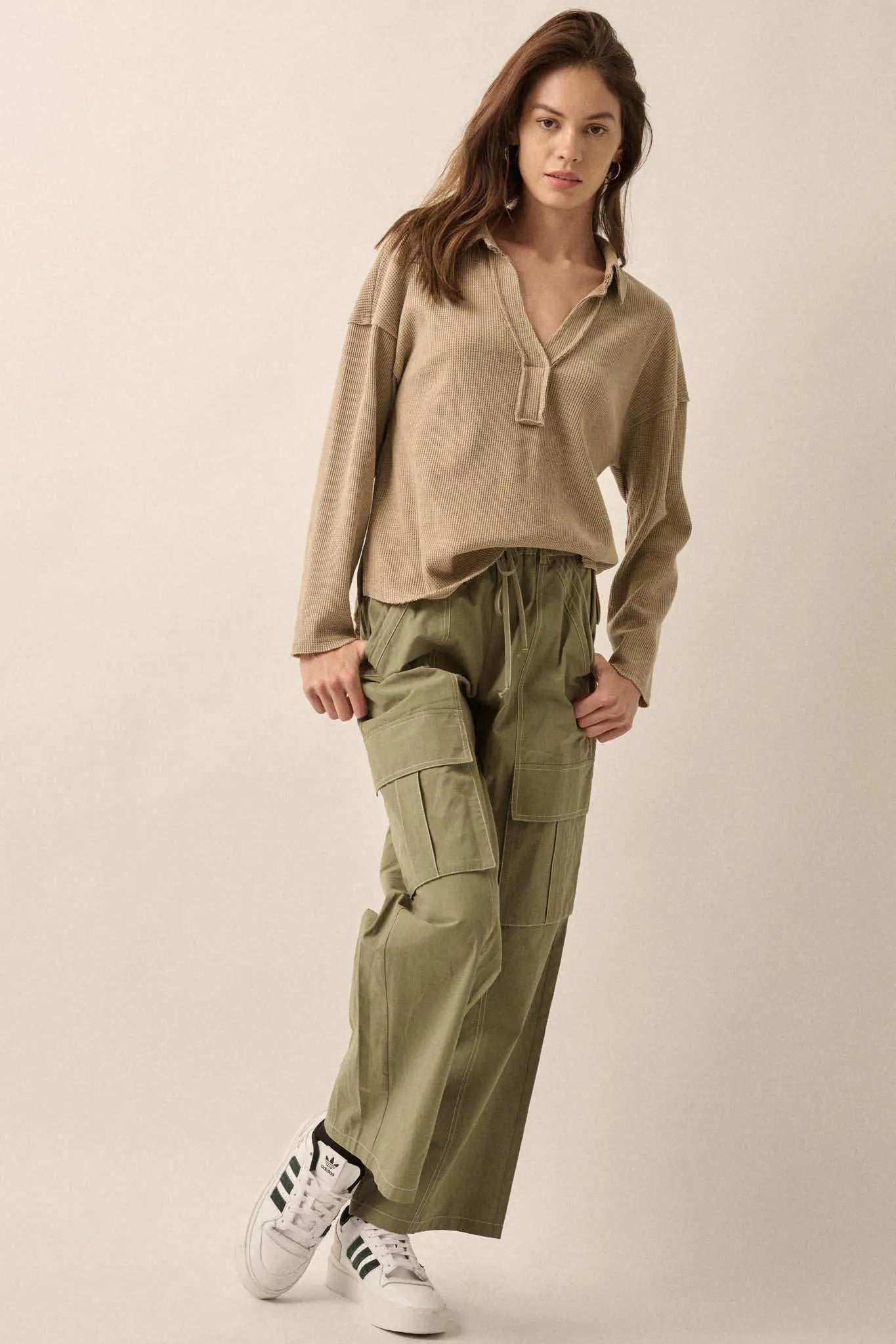No Problemo Collared V-Neck Waffle-Knit Top