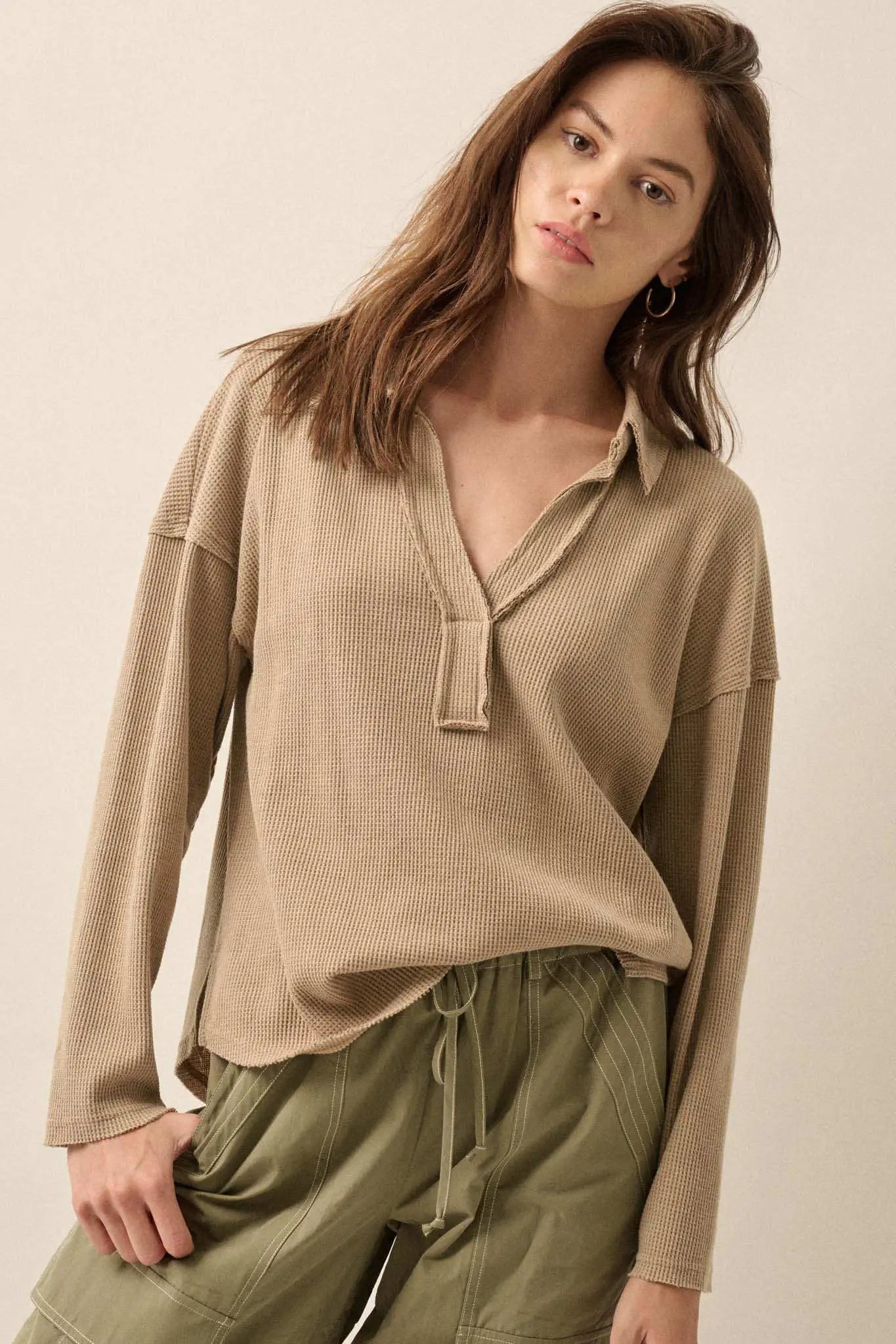 No Problemo Collared V-Neck Waffle-Knit Top