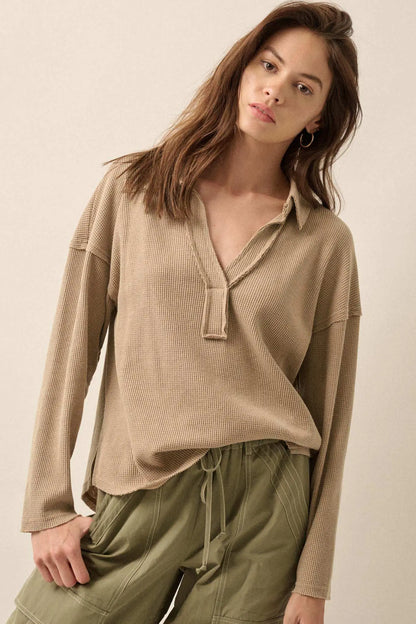 No Problemo Collared V-Neck Waffle-Knit Top