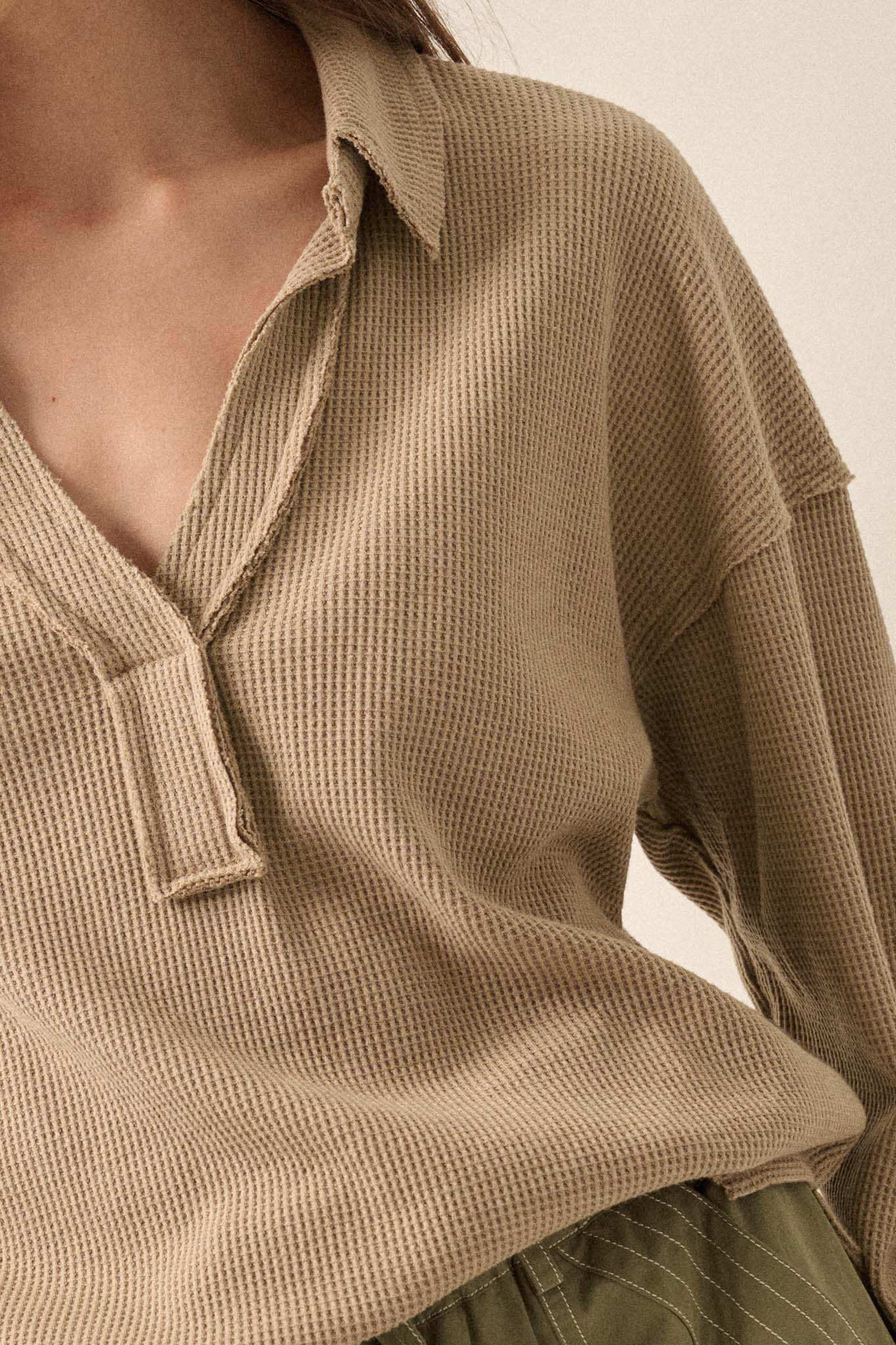 No Problemo Collared V-Neck Waffle-Knit Top