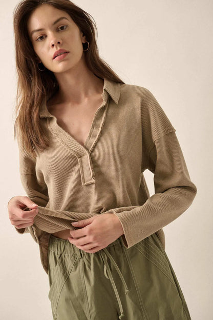 No Problemo Collared V-Neck Waffle-Knit Top