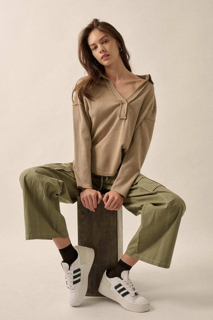 No Problemo Collared V-Neck Waffle-Knit Top