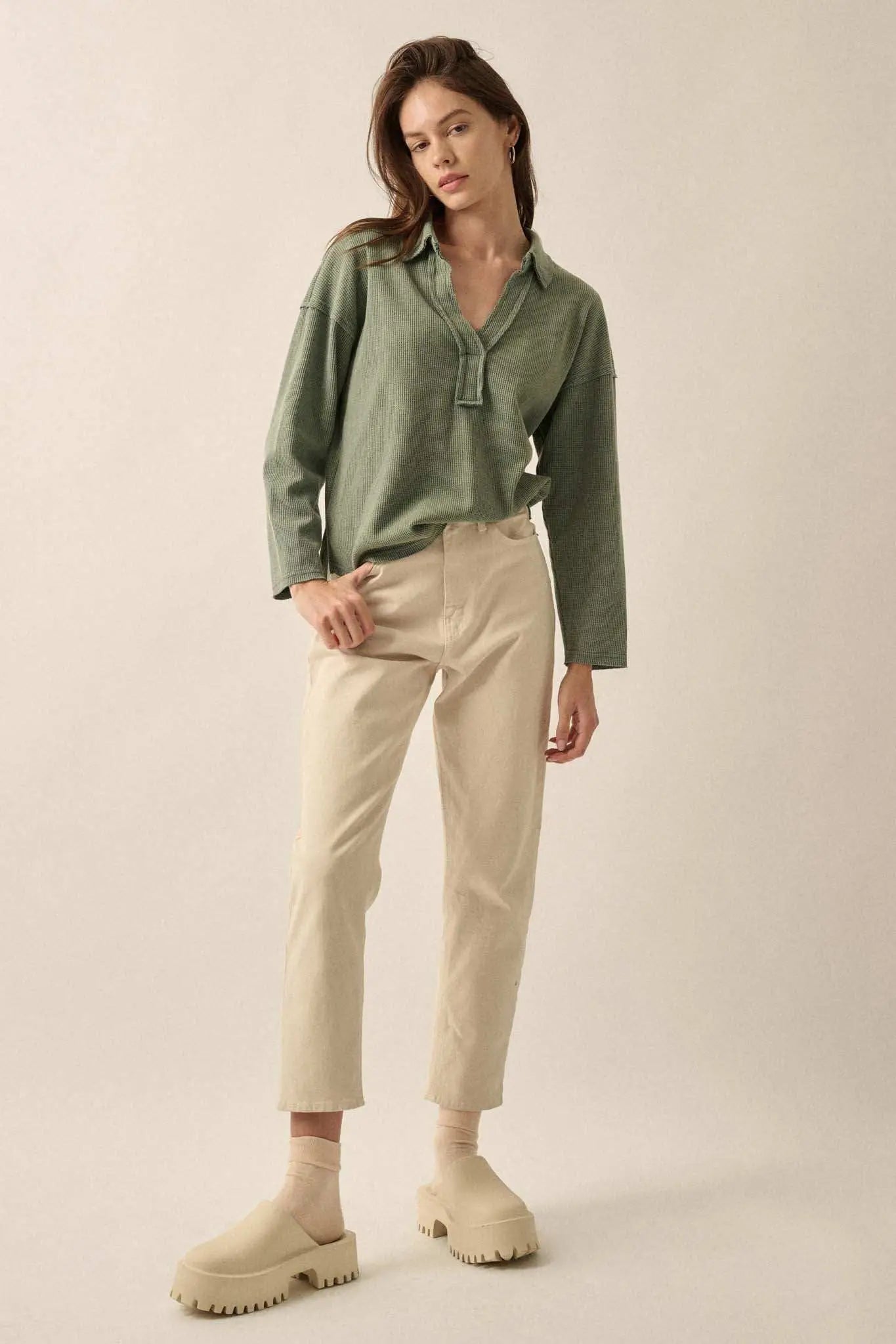 No Problemo Collared V-Neck Waffle-Knit Top