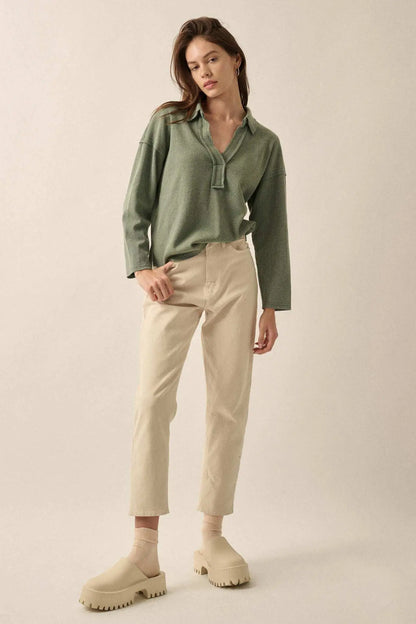 No Problemo Collared V-Neck Waffle-Knit Top
