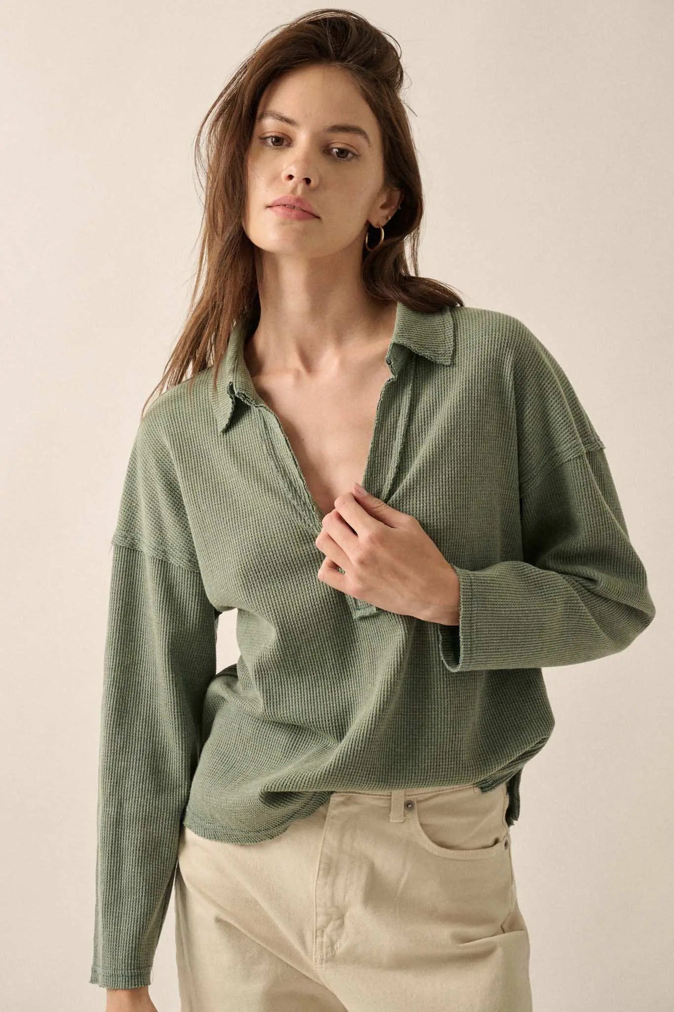 No Problemo Collared V-Neck Waffle-Knit Top