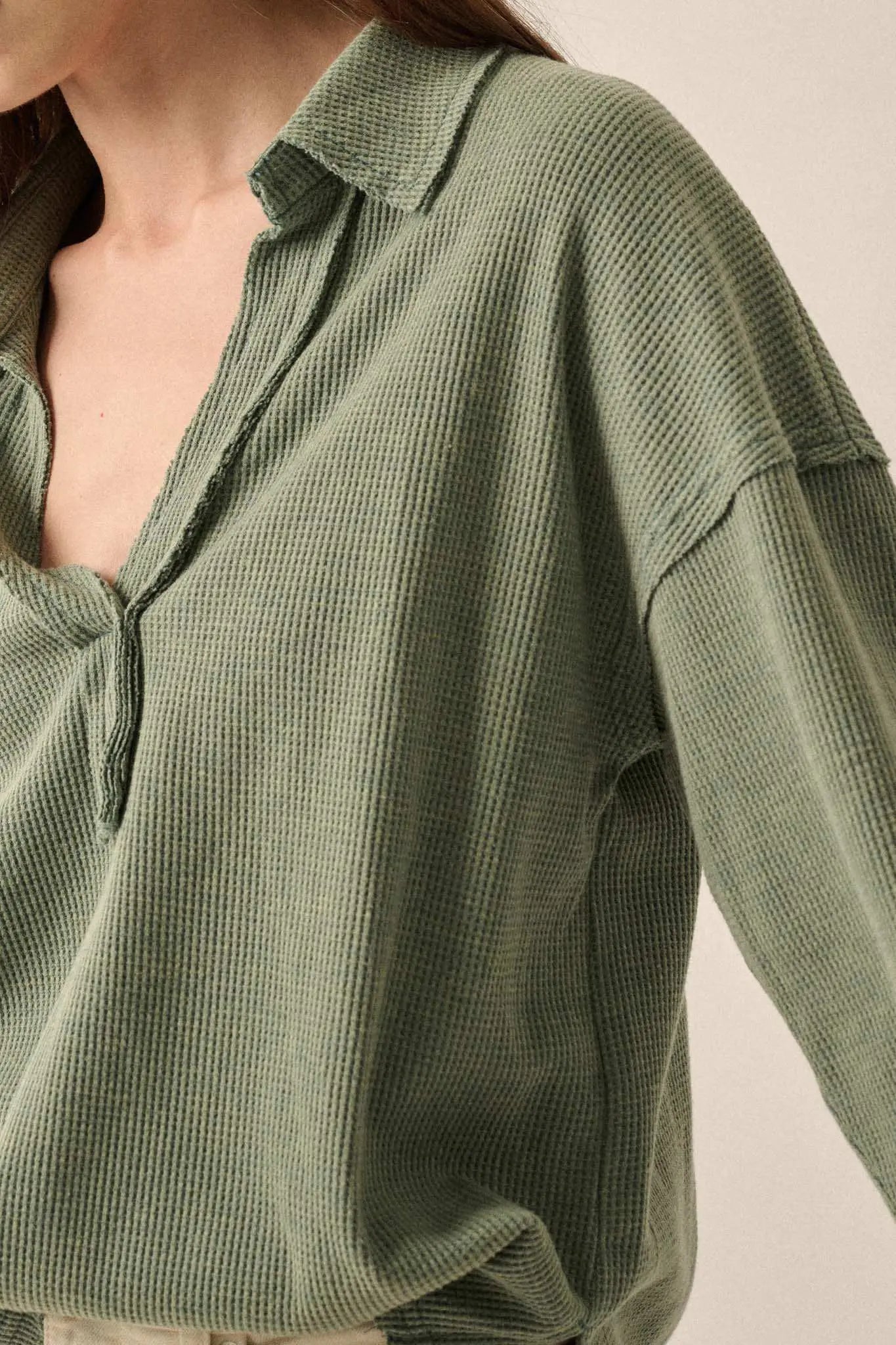 No Problemo Collared V-Neck Waffle-Knit Top