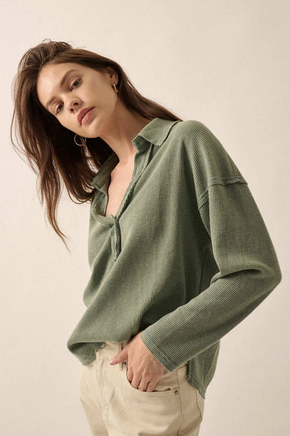 No Problemo Collared V-Neck Waffle-Knit Top