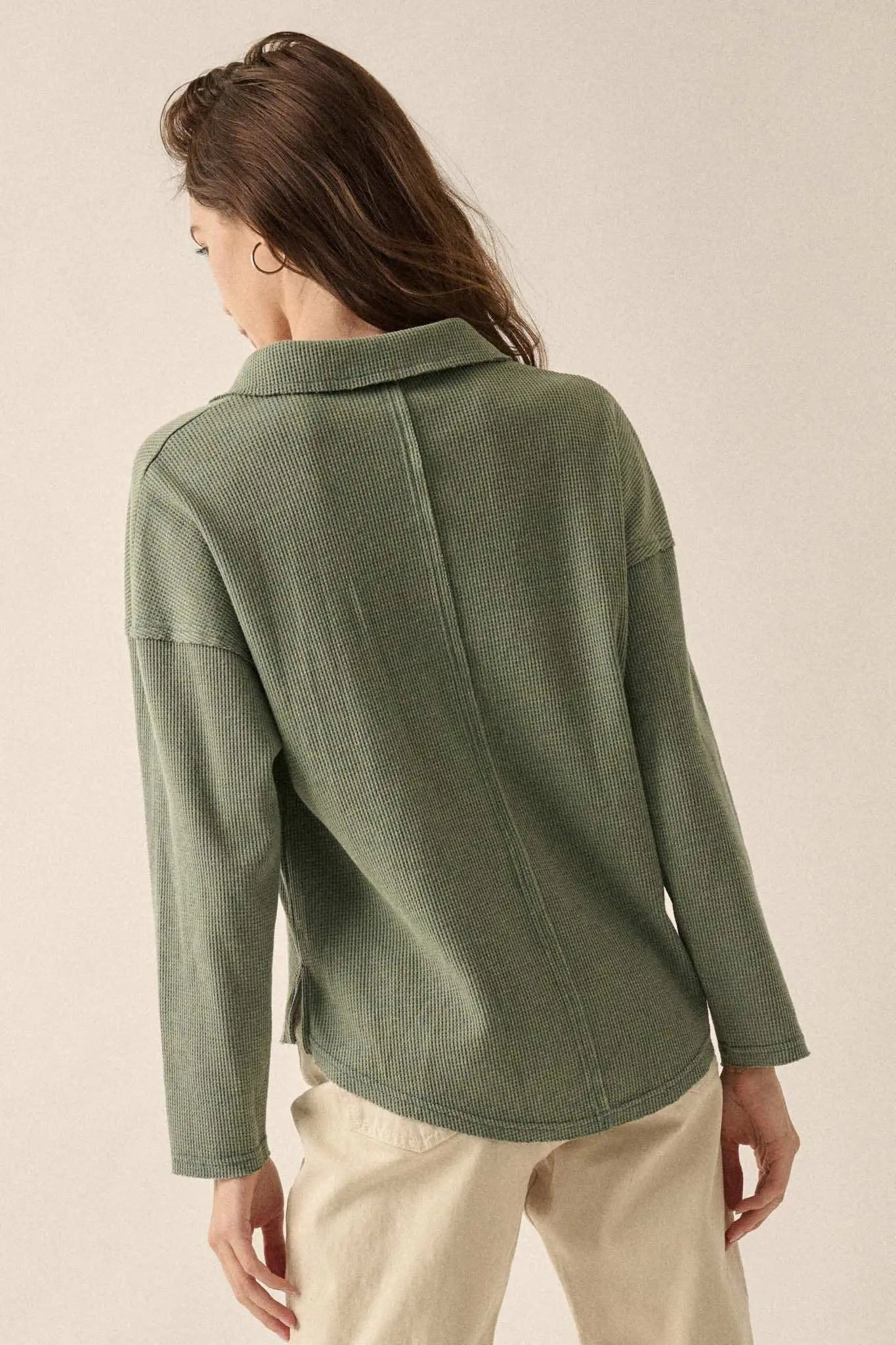 No Problemo Collared V-Neck Waffle-Knit Top