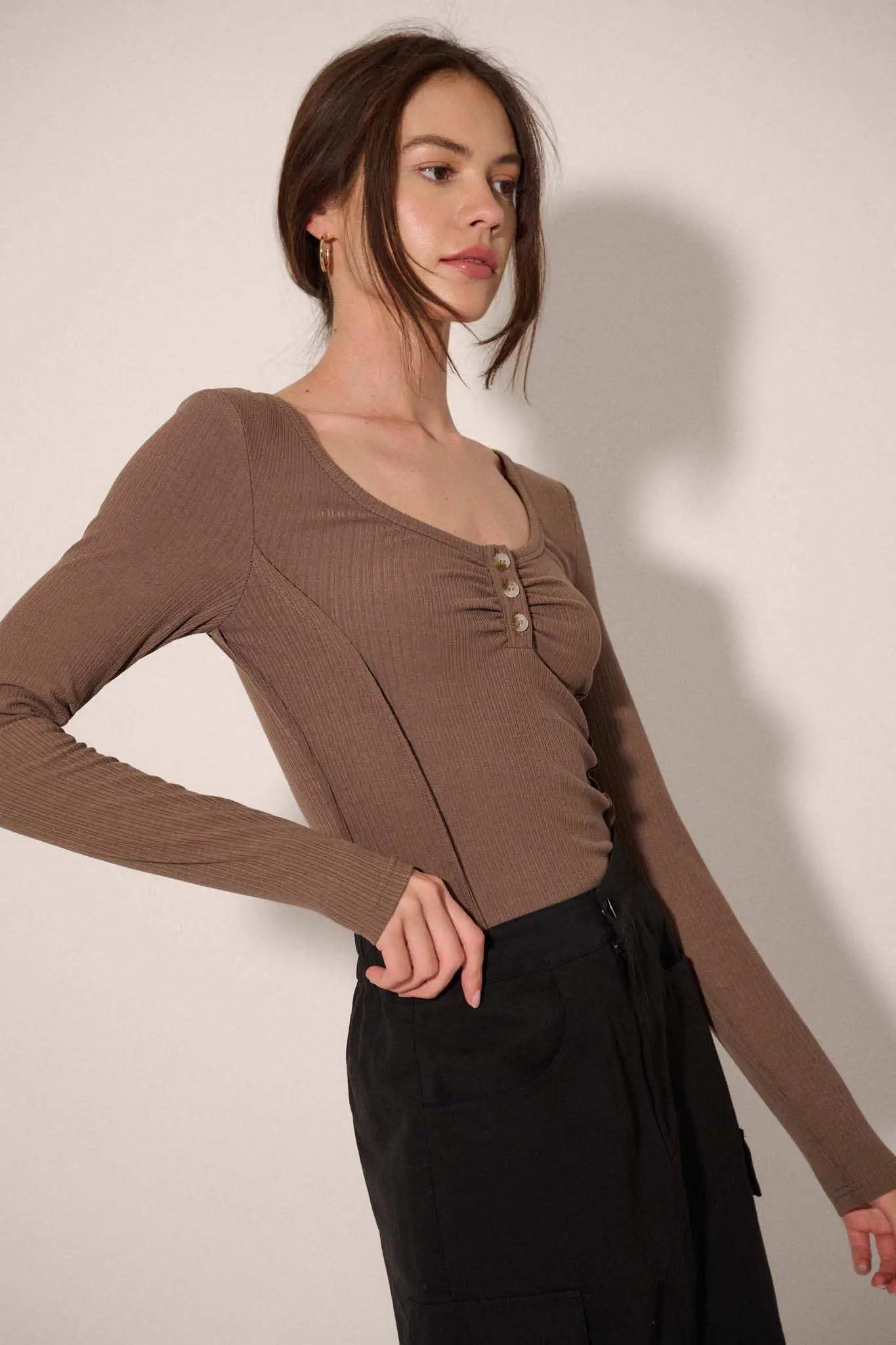 Promise the Label Rib-Knit Scoop Neck Henley Top