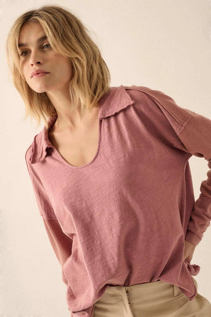 Free Your Mind Mixed Media Collared Waffle Top