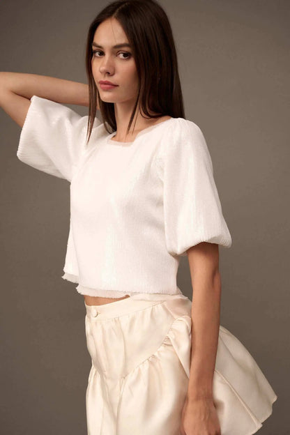Best of My Love Sequin Puff-Sleeve Top