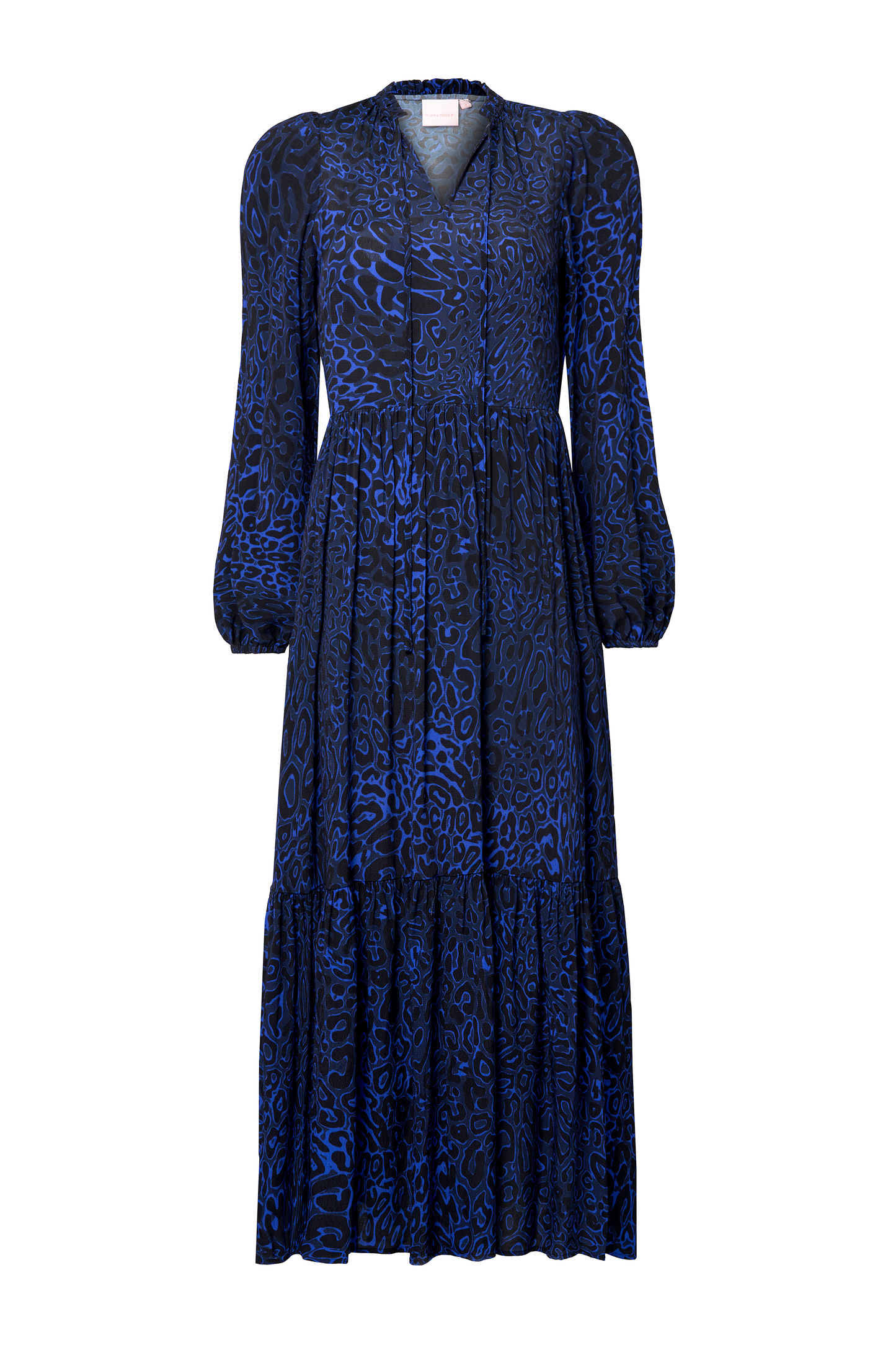 Navy Leopard Ray Blouson Sleeve Tie Front Midi Dress