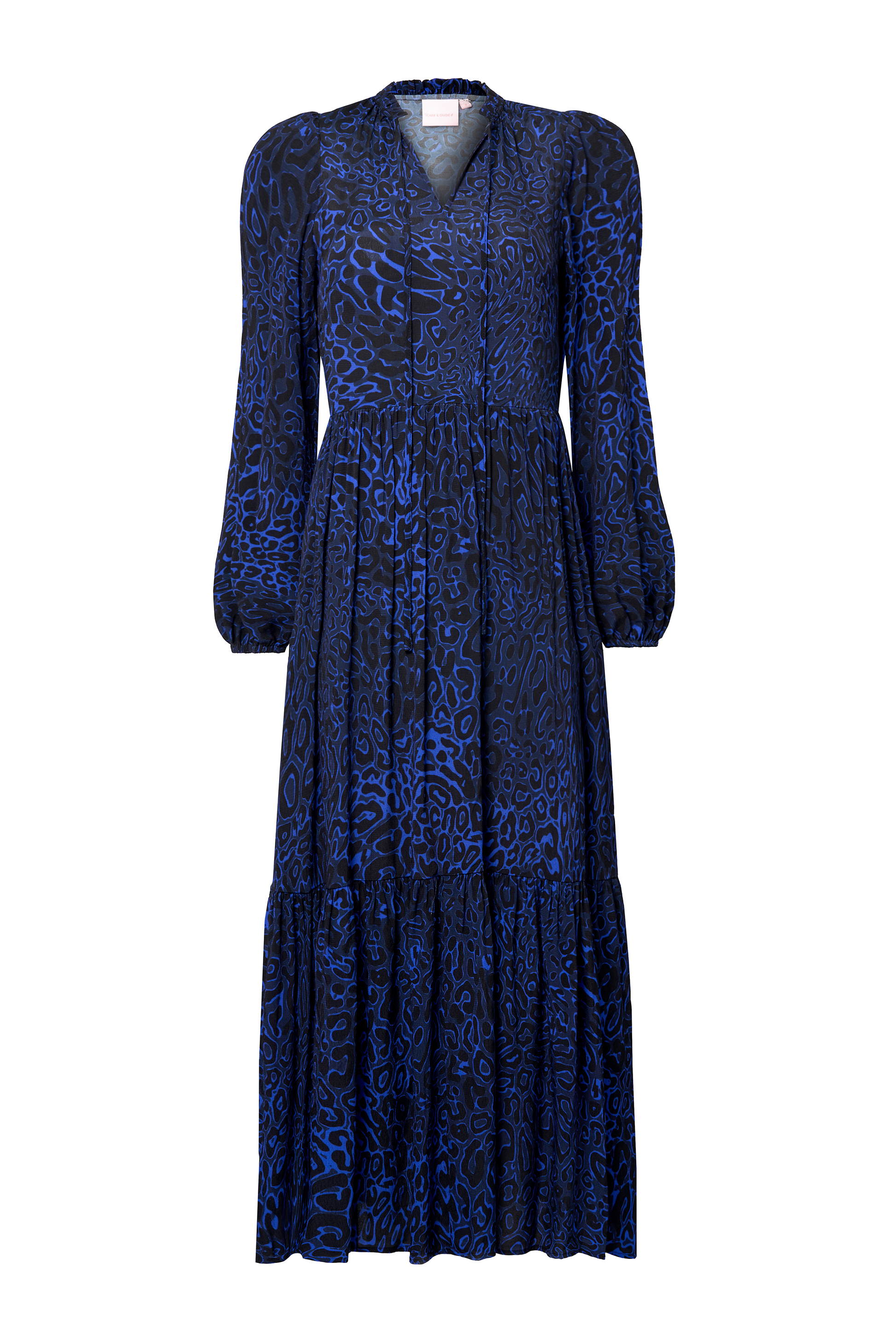 Navy Leopard Ray Blouson Sleeve Tie Front Midi Dress