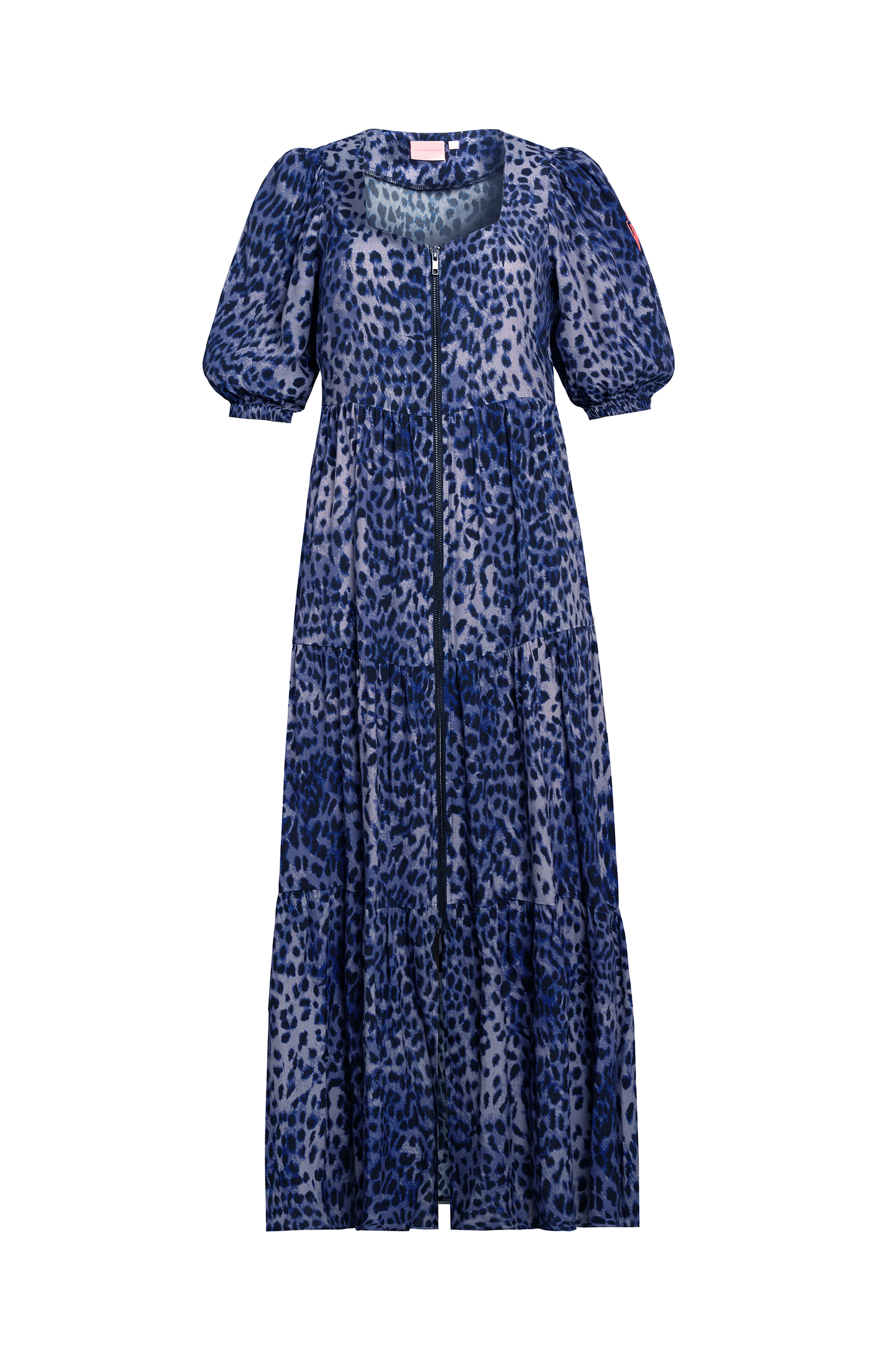 Navy Cheetah Square Neck Zip Detail Tiered Midi Dress