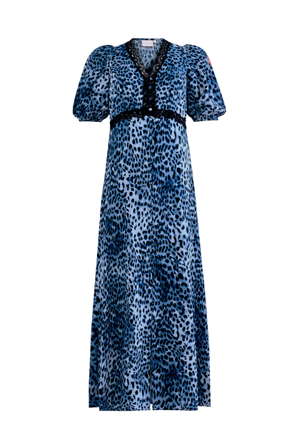 Navy Cheetah Lace Trim Puff Sleeve Midi Tea Dress