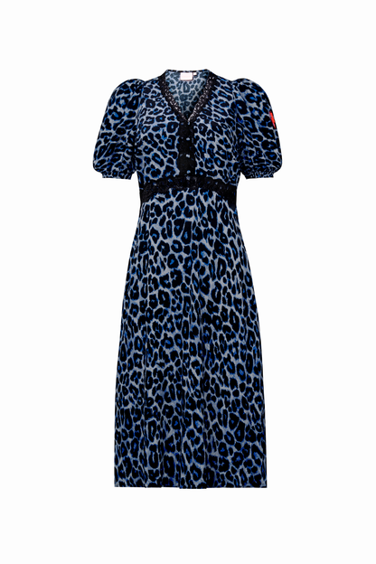 Navy Jaguar Lace Trim Short Tea Dress