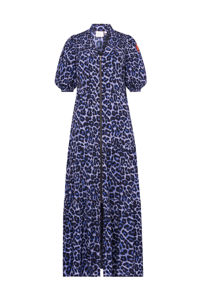 Navy Jaguar Zip Front Midi Tiered Dress