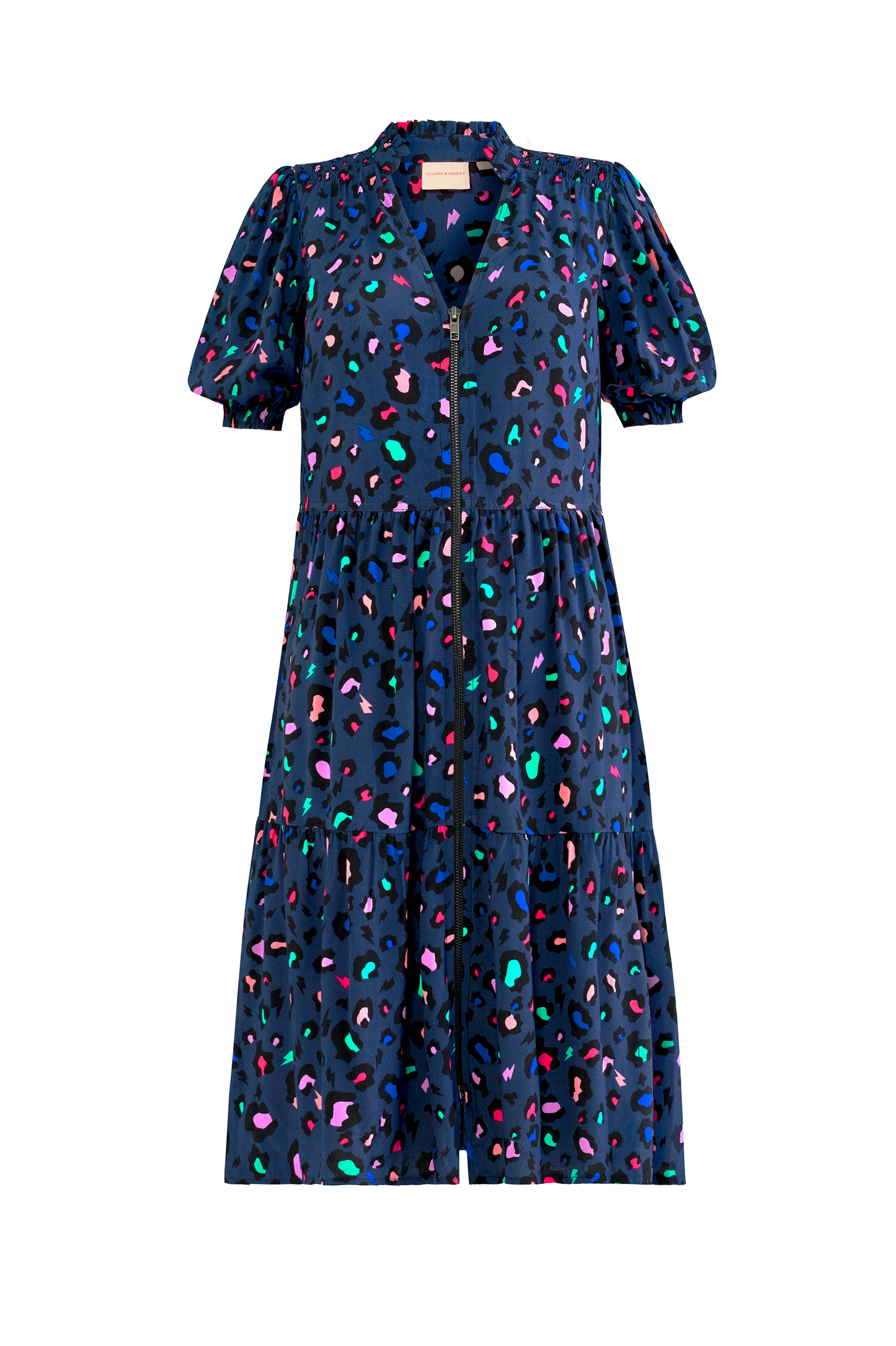 Navy with Rainbow Snow Leopard Zip Detail Tiered Short Dress