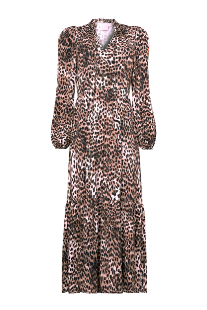 Neutral with Black Cheetah Blouson Sleeve Tie Front Midi Dress