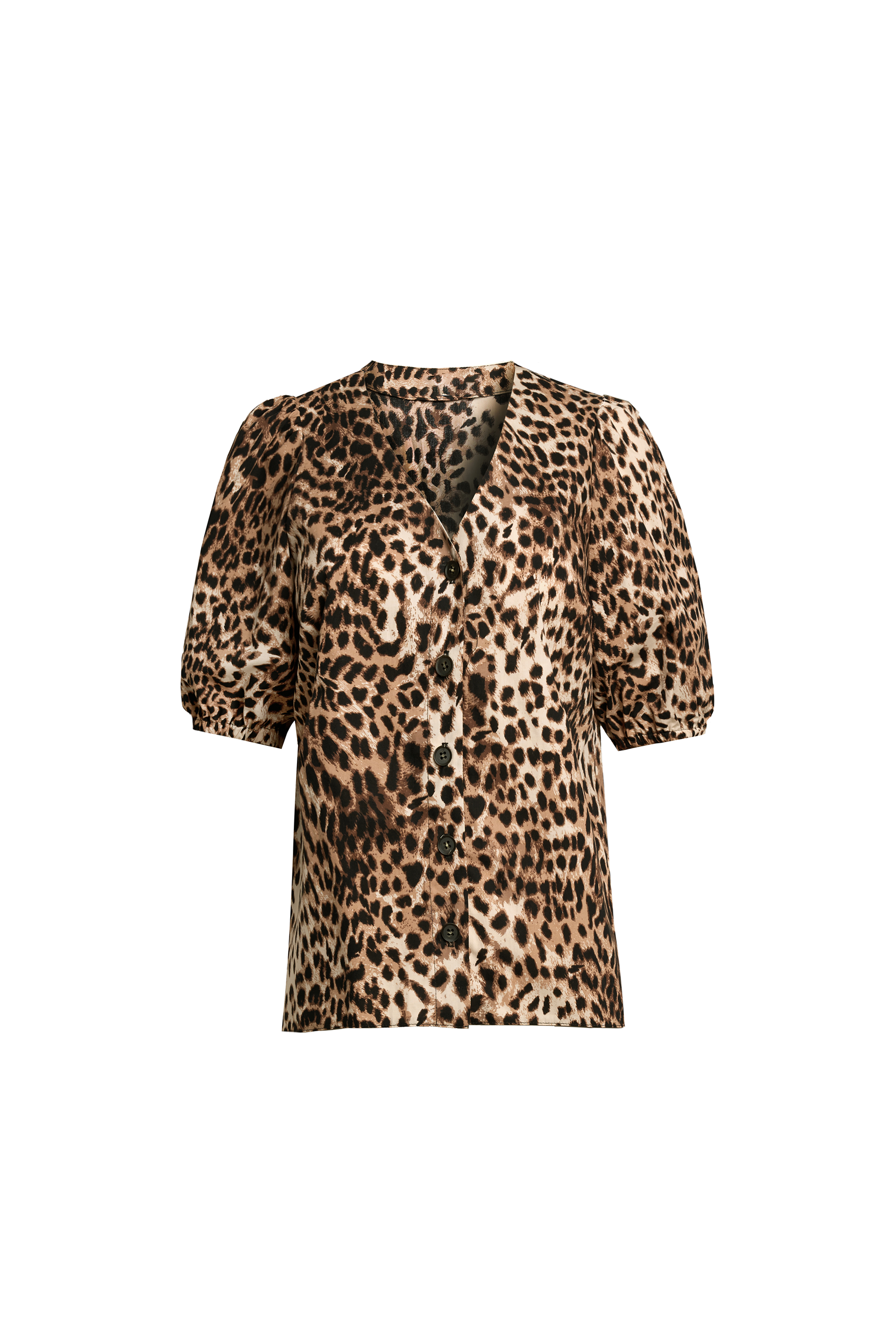 Neutral with Black Cheetah Puff Sleeve Button Front Blouse