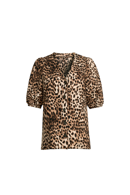 Neutral with Black Cheetah Puff Sleeve Button Front Blouse
