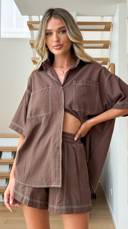 Sarafina Button Up Shirt and Shorts Set - Chocolate