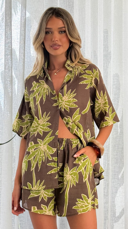 Ravenna Button Up Shirt and Shorts Set - Brown/Green Palm
