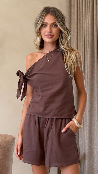 Zahavah Off Shoulder Top and Shorts Set - Chocolate