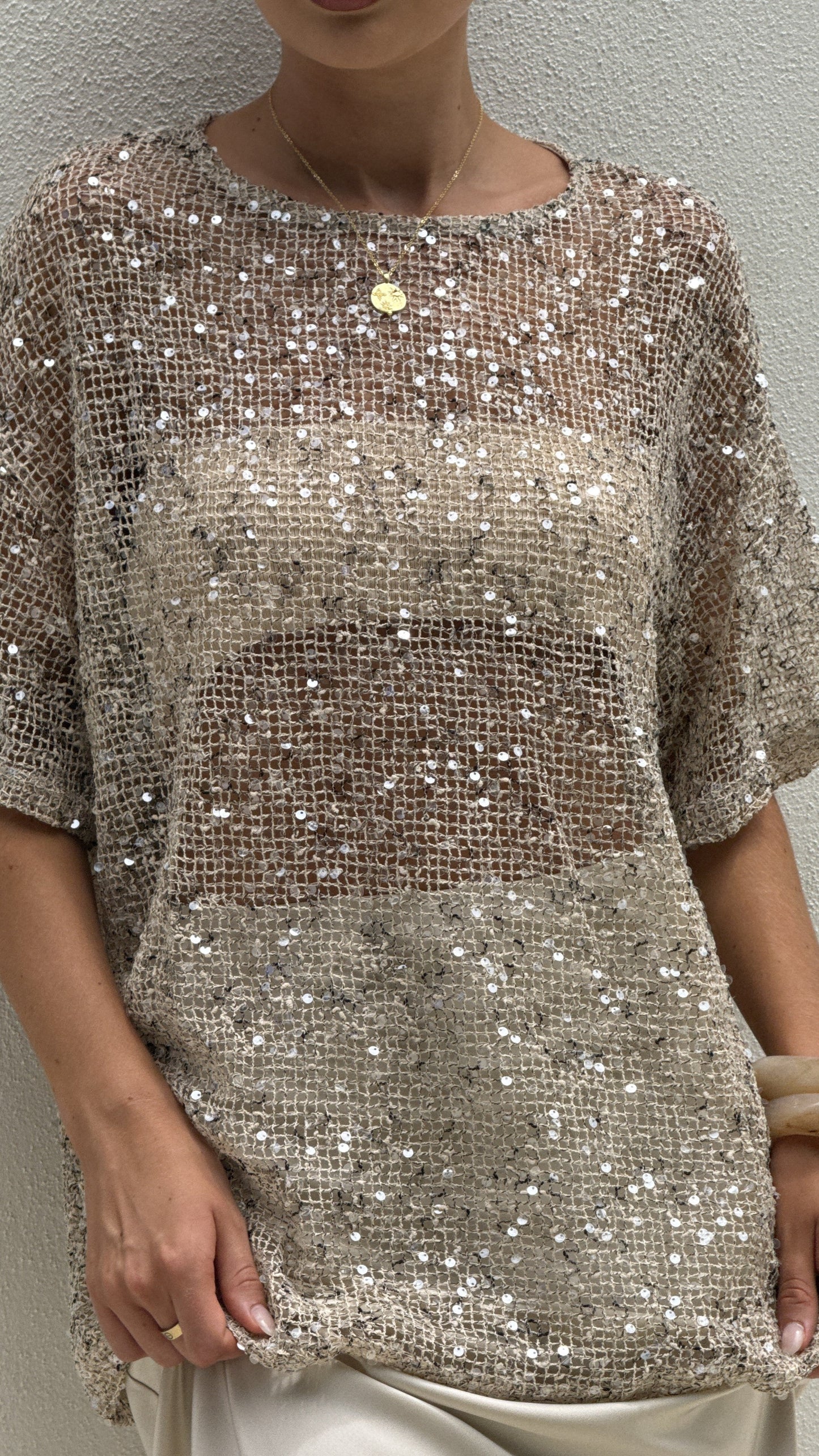 Zinnia Oversized Sequins Tee - Beige