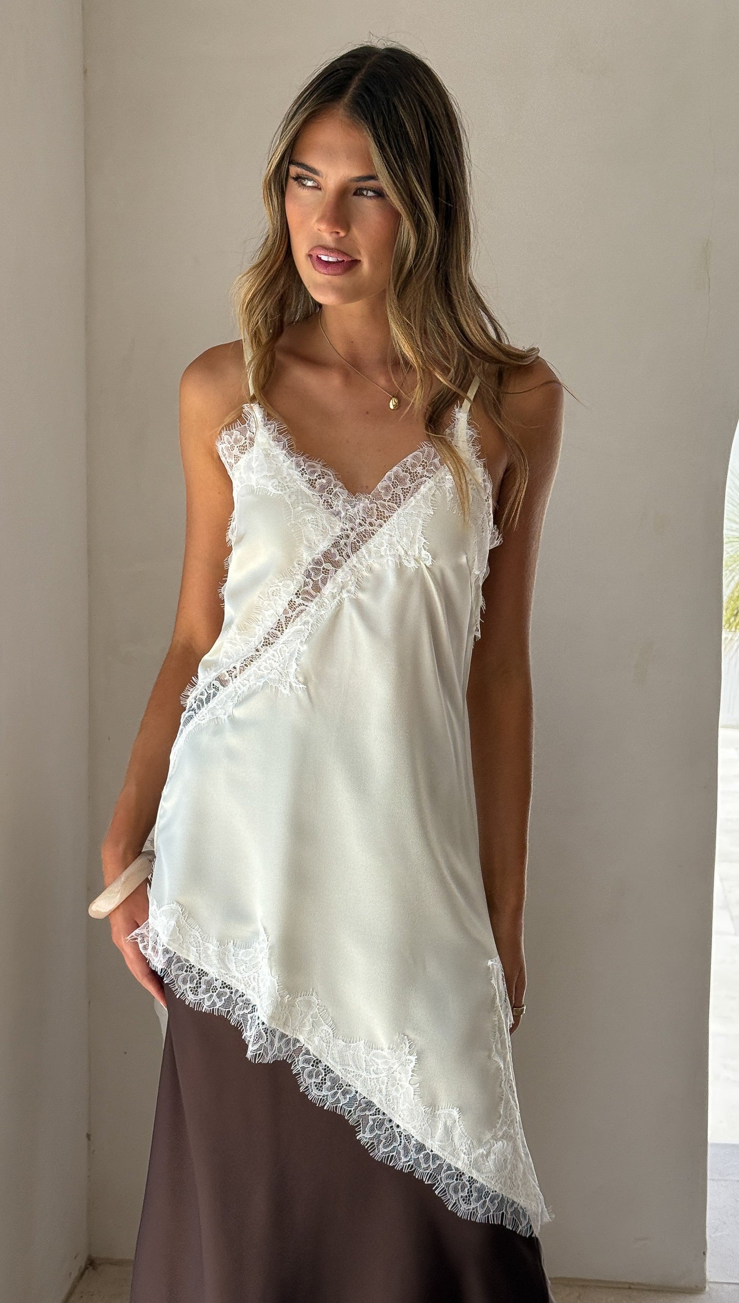 Sayuri Satin Lace Mini Tunic - Cream