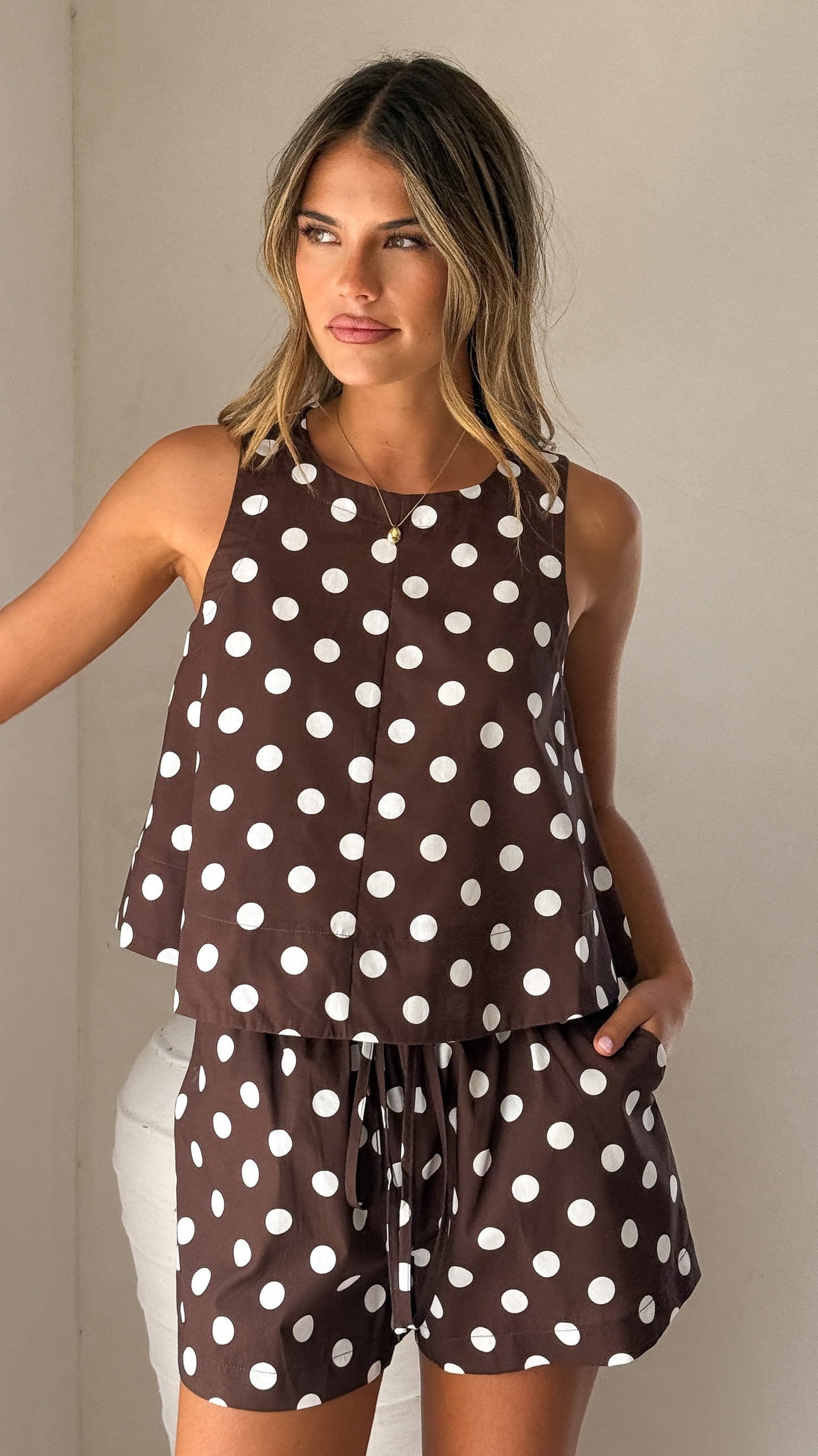 Charmain Top - Chocolate/White Polka Dot