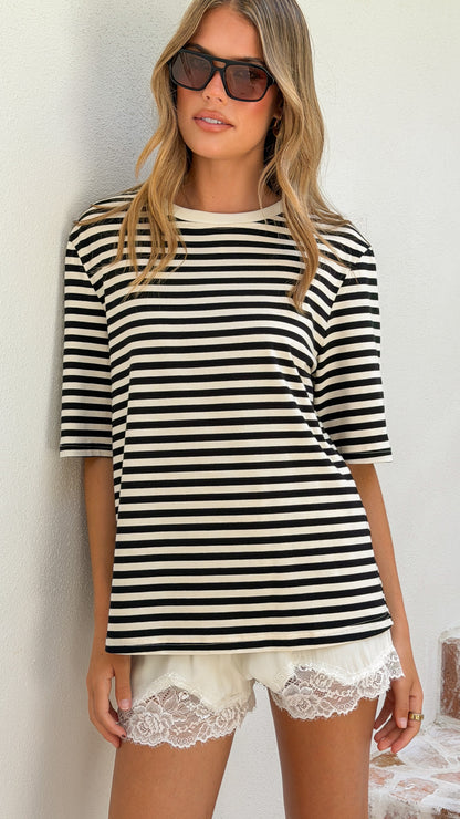 Josie Crew Neck Tee - Black/White Stripe