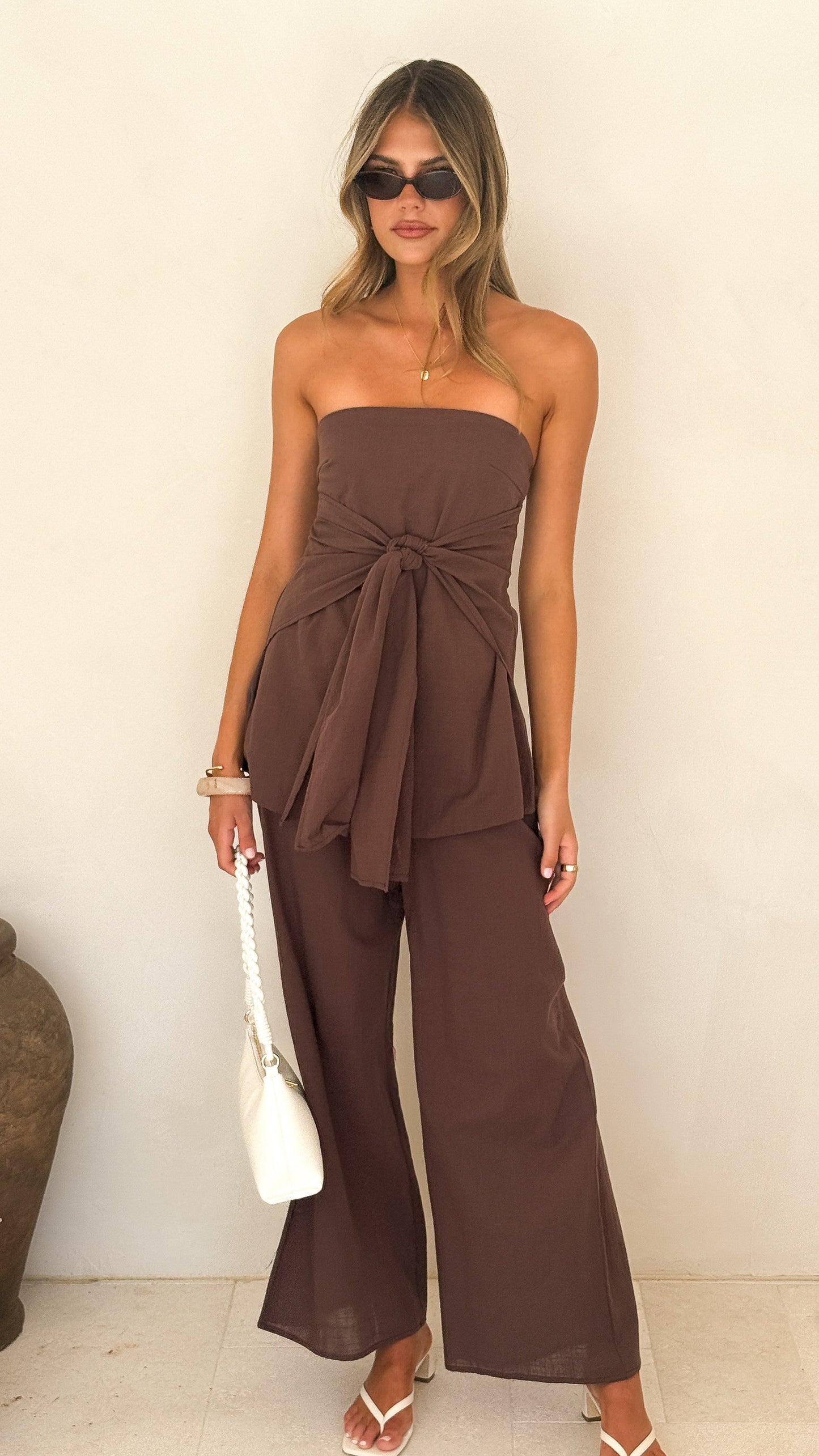 Talia Strapless Top and Pants Set - Brown