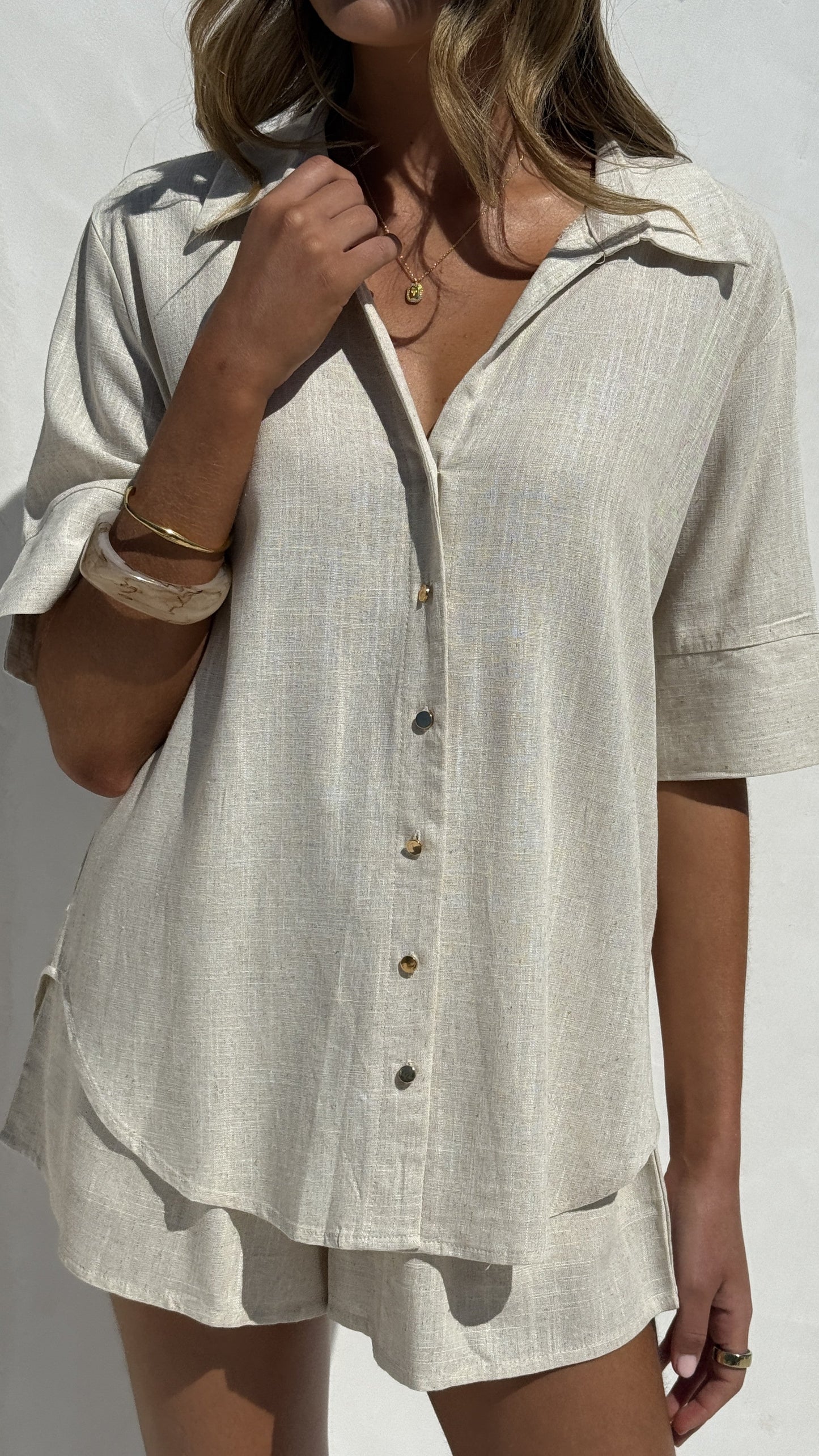 Ranae Button Up Shirt and Shorts Set - Oatmeal