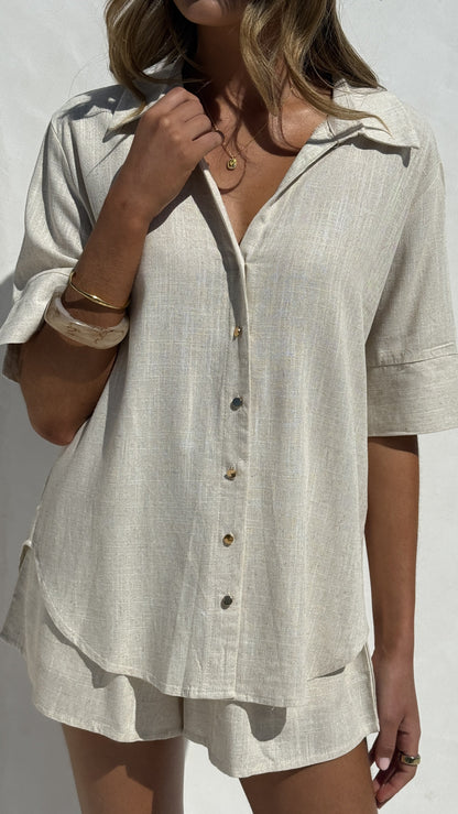 Ranae Button Up Shirt and Shorts Set - Oatmeal