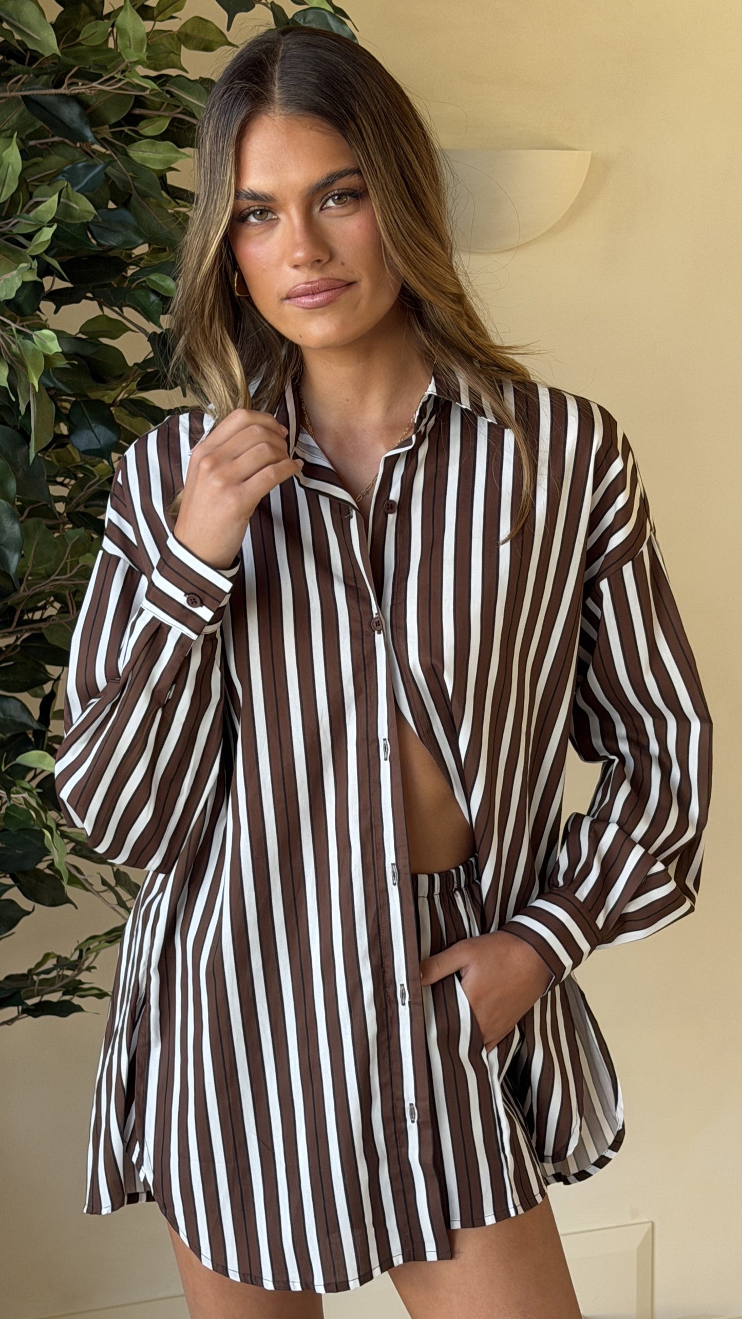 Arli Button Up Shirt - Brown/White Stripe
