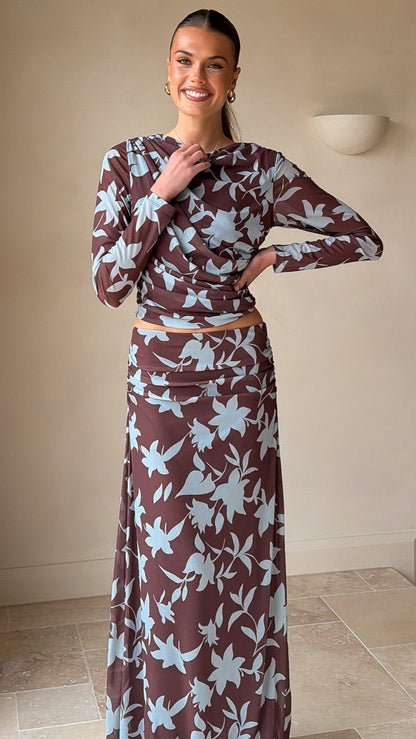 Ellita Maxi Skirt - Chocolate/Blue Print