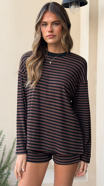 Flossie Long Sleeve Top and Shorts Set - Choc/Black Stripe