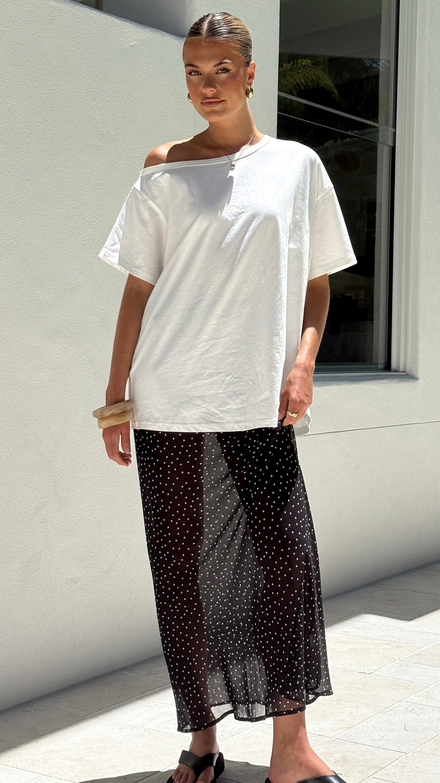 Elena Top and Maxi Skirt Set - White/Black Polka