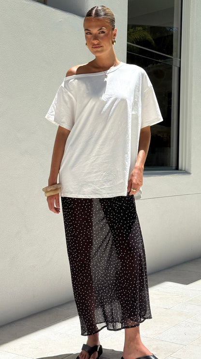 Elena Top and Maxi Skirt Set - White/Black Polka