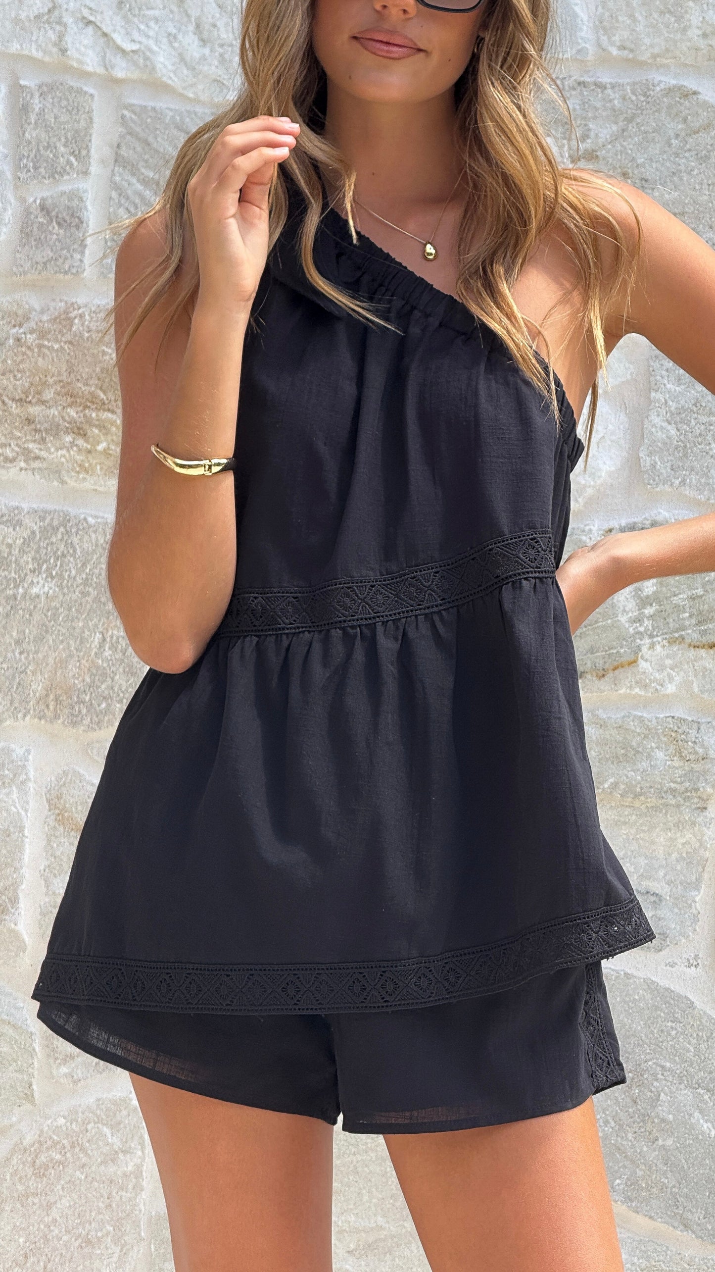 Lebeau One Shoulder Top and Shorts Set - Black