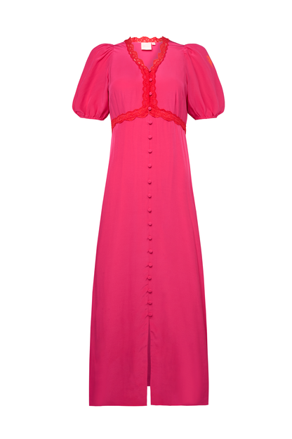 Pink with Coral Lace Trim Midi Tea Dress