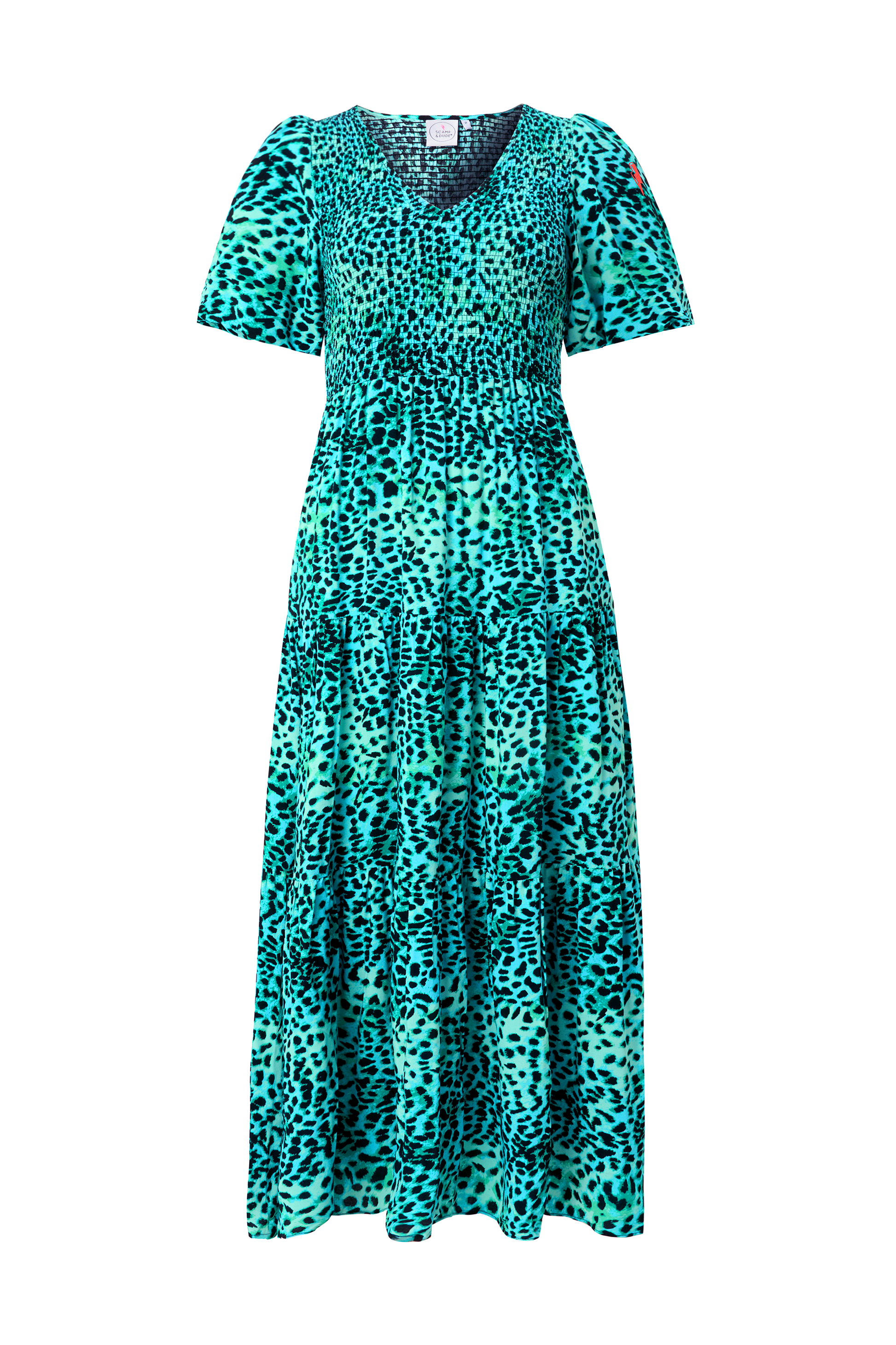 Turquoise with Black Leopard Puff Sleeve Maxi Dress
