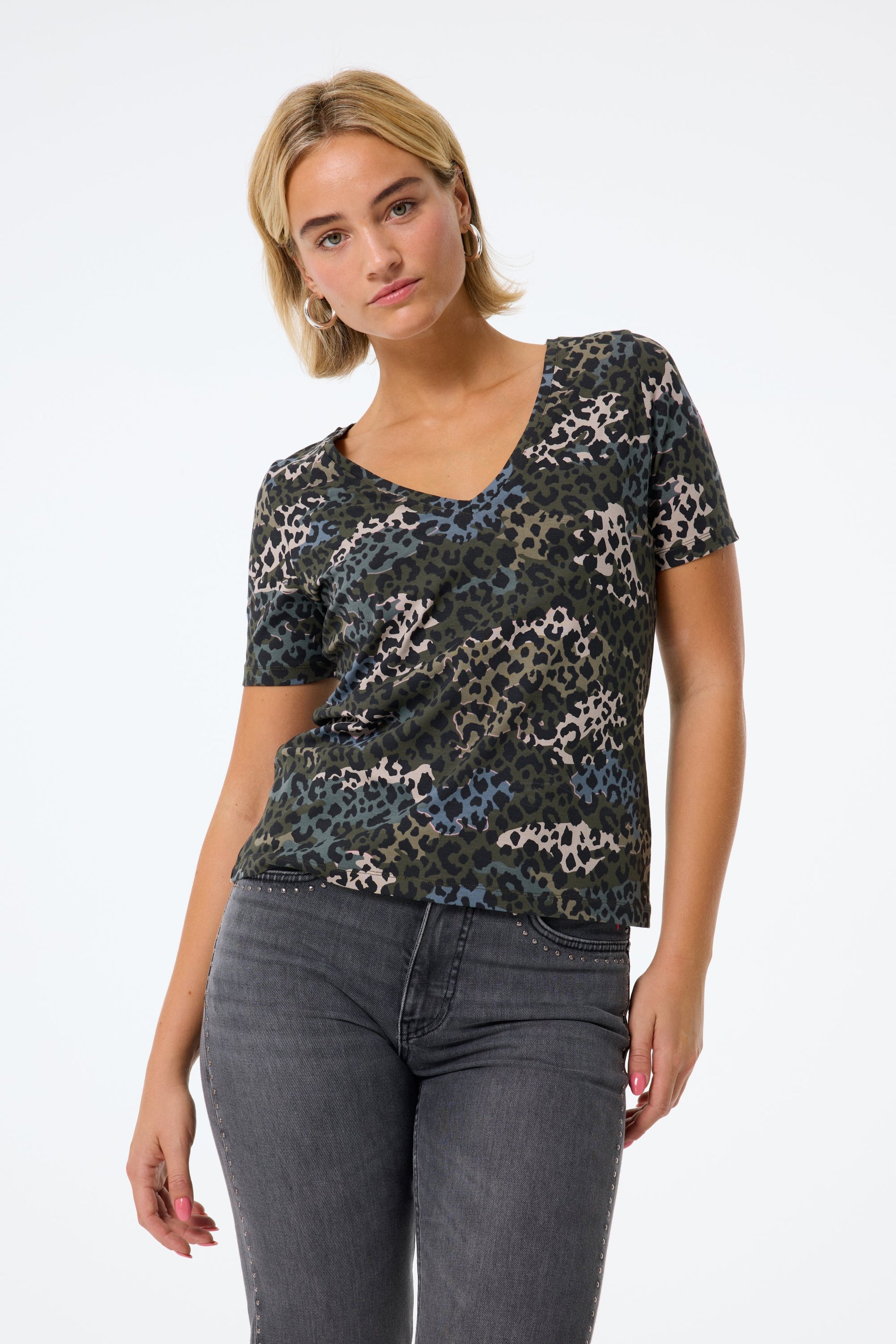 Khaki with Green Camo Layered Leopard V-Neck T-Shirt