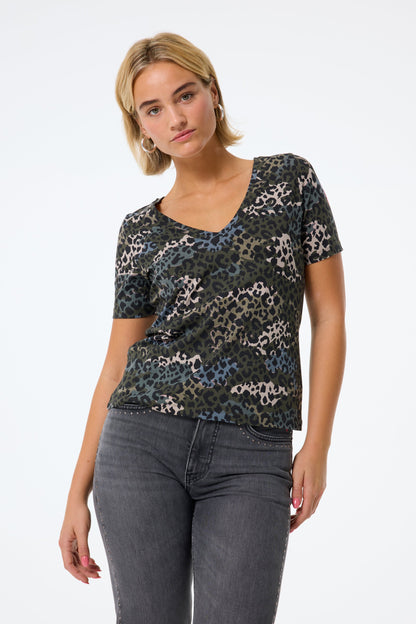 Khaki with Green Camo Layered Leopard V-Neck T-Shirt