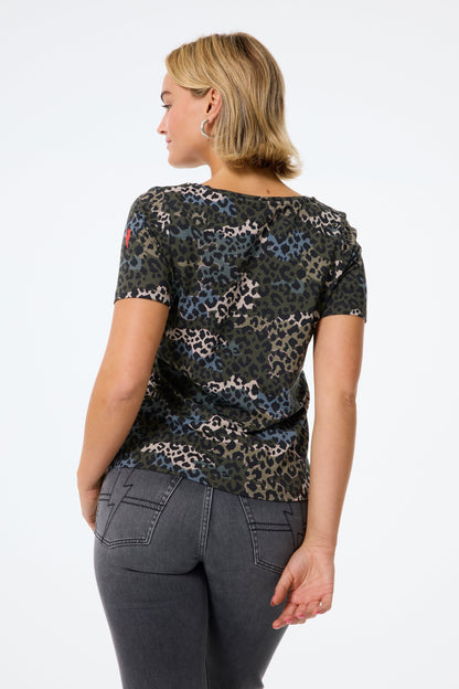 Khaki with Green Camo Layered Leopard V-Neck T-Shirt